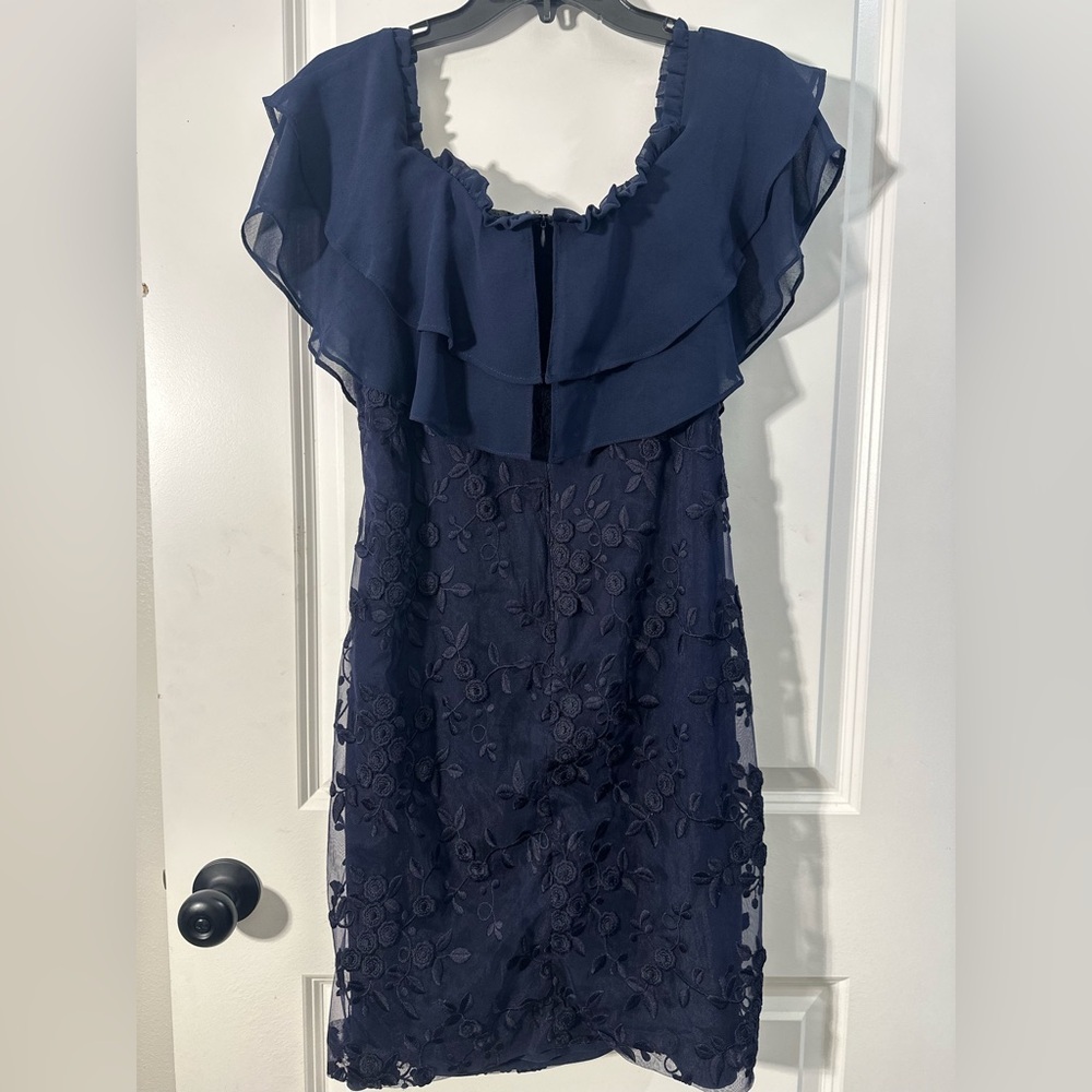 Lauren Ralph Lauren Navy Lace Dress Size 8 Elegant Overlay Cocktail Formal - Picture 4 of 11